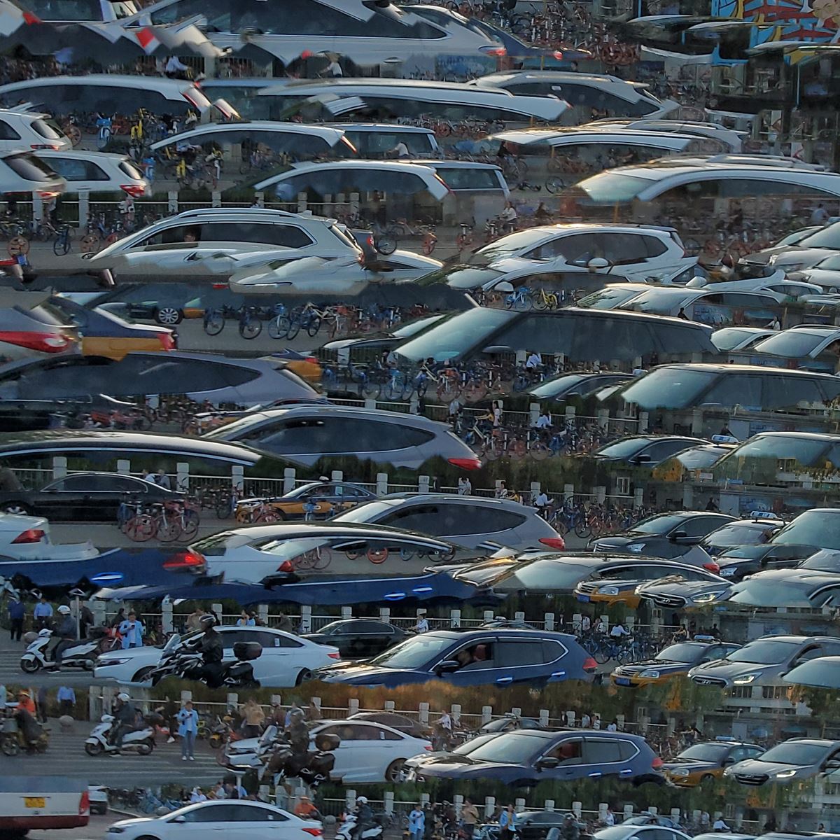 stack of cars and people in digital glitch